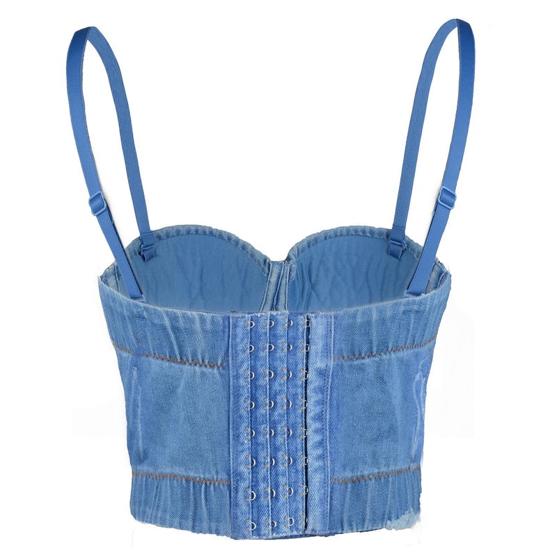 ELLACCI Women's Tassel Rhinestone Denim Bustier Crop Top Jean Corset Top Bra Blue Small - Image 3
